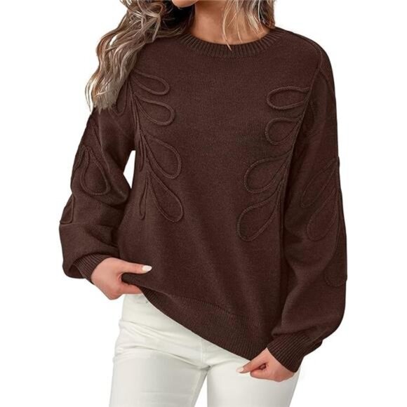 ✨ Women’s Oversized Ribbed Knit Sweater | Crewneck Leaf Stitch Pullover ✨ - Picture 5 of 5